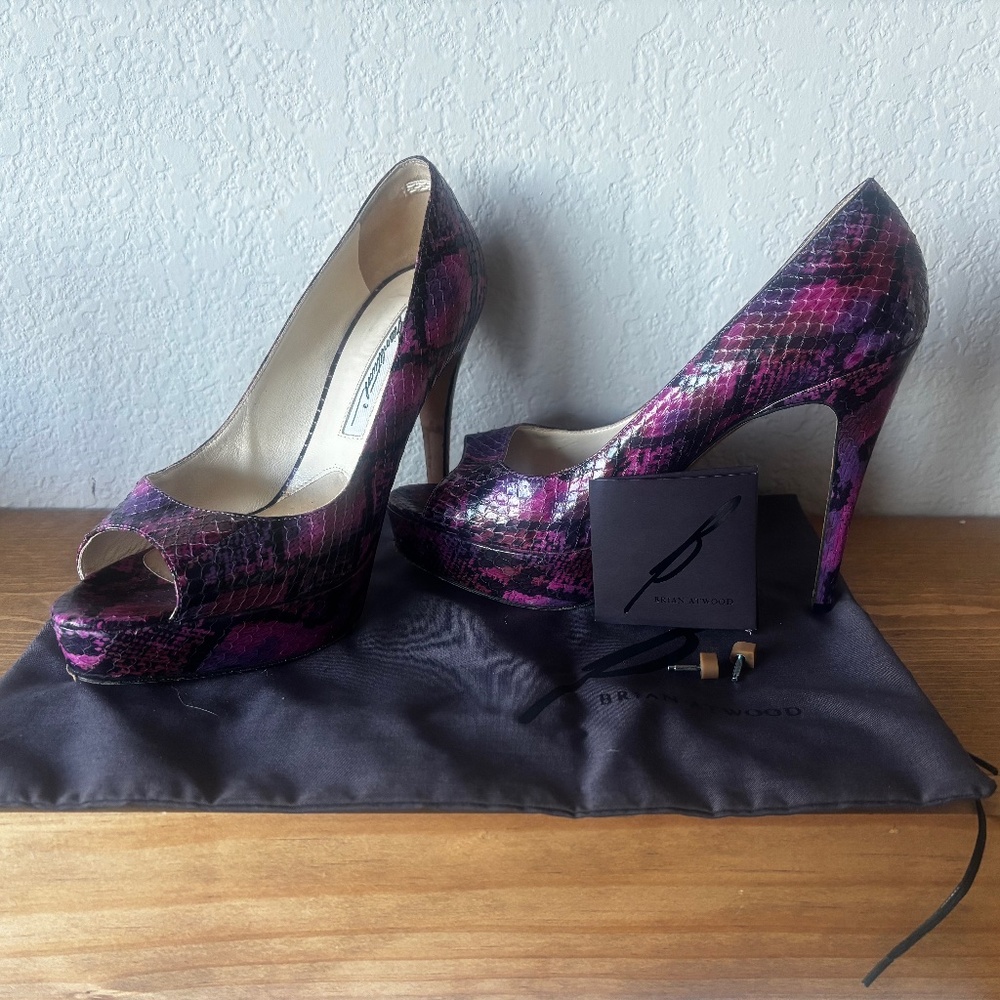 Brian Atwood Genuine Snakeskin Peeptoe Pumps, purple size 37 1/2